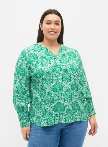 Printed viscose blouse with smock, Jolly Green Oriental, Model image number 0