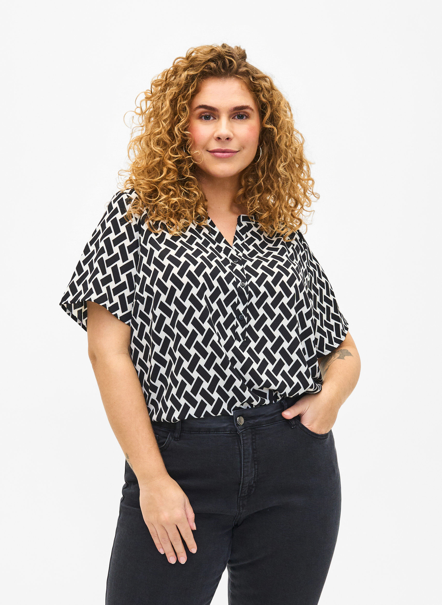 Zizzifashion Blouse with short sleeves and v-neck, Black, Model image number 0