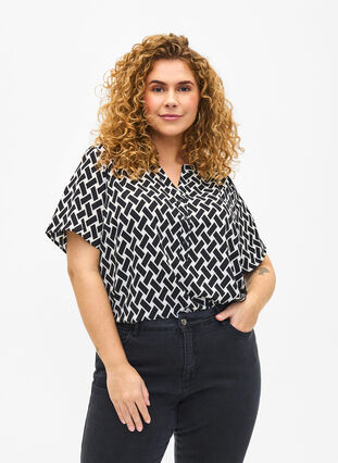 Blouse with short sleeves and v-neck, Black Graphic AOP, Model image number 0
