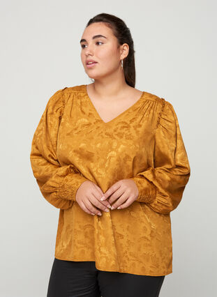 Blouse with puff sleeves and a V-neckline, Cathay Spice, Model image number 0