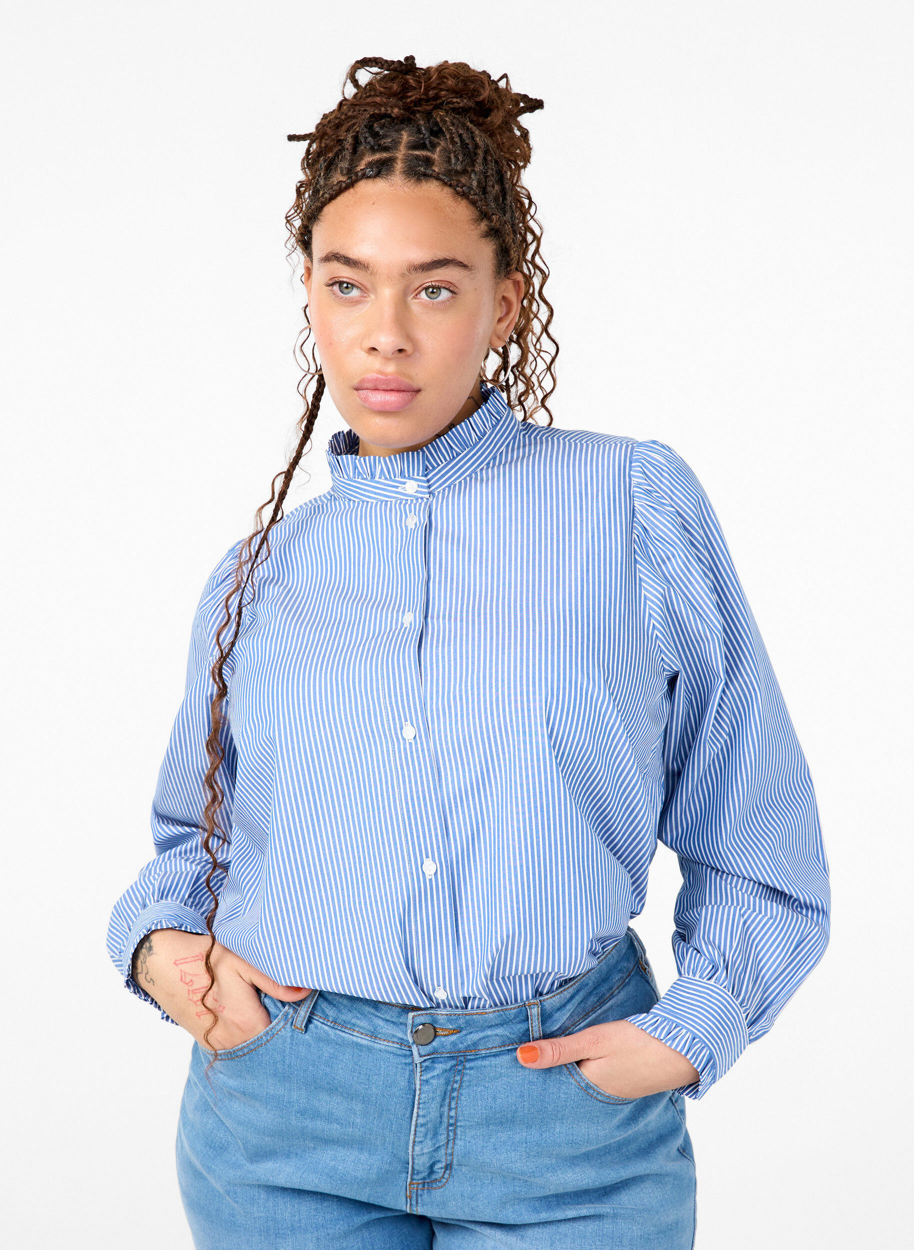 Zizzifashion Striped shirt blouse with ruffles, Princess Blue W. St., Model image number 0