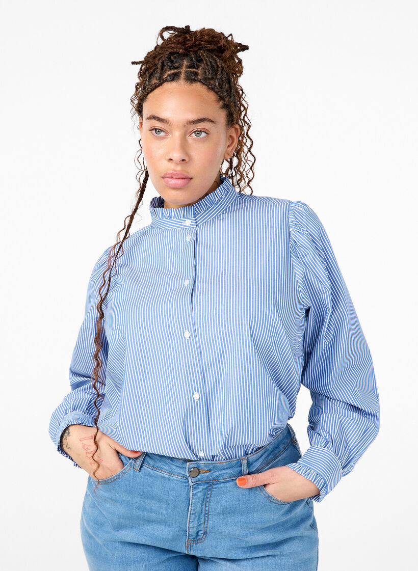 Striped shirt blouse with ruffles, Princess Blue W. St., Model image number 0