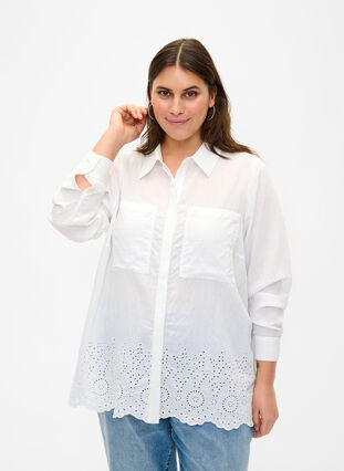 Viscose shirt with broderie anglaise, Bright White, Model image number 0