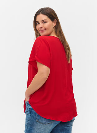 Blouse with short sleeves and a round neckline, Tango Red, Model image number 1
