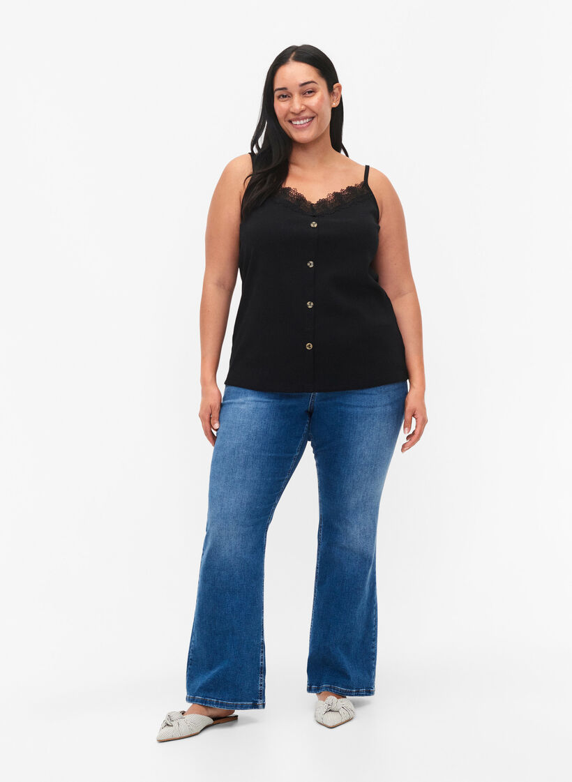 Strap top with lace trim and buttons, Black, Model image number 1