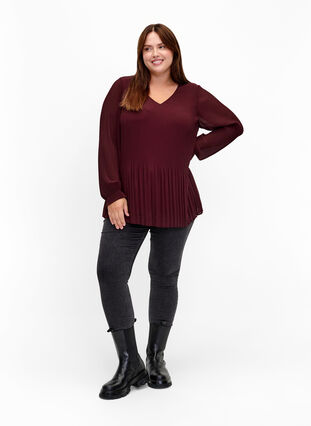 Long sleeve pleated blouse with V-neck, Fudge, Model image number 2
