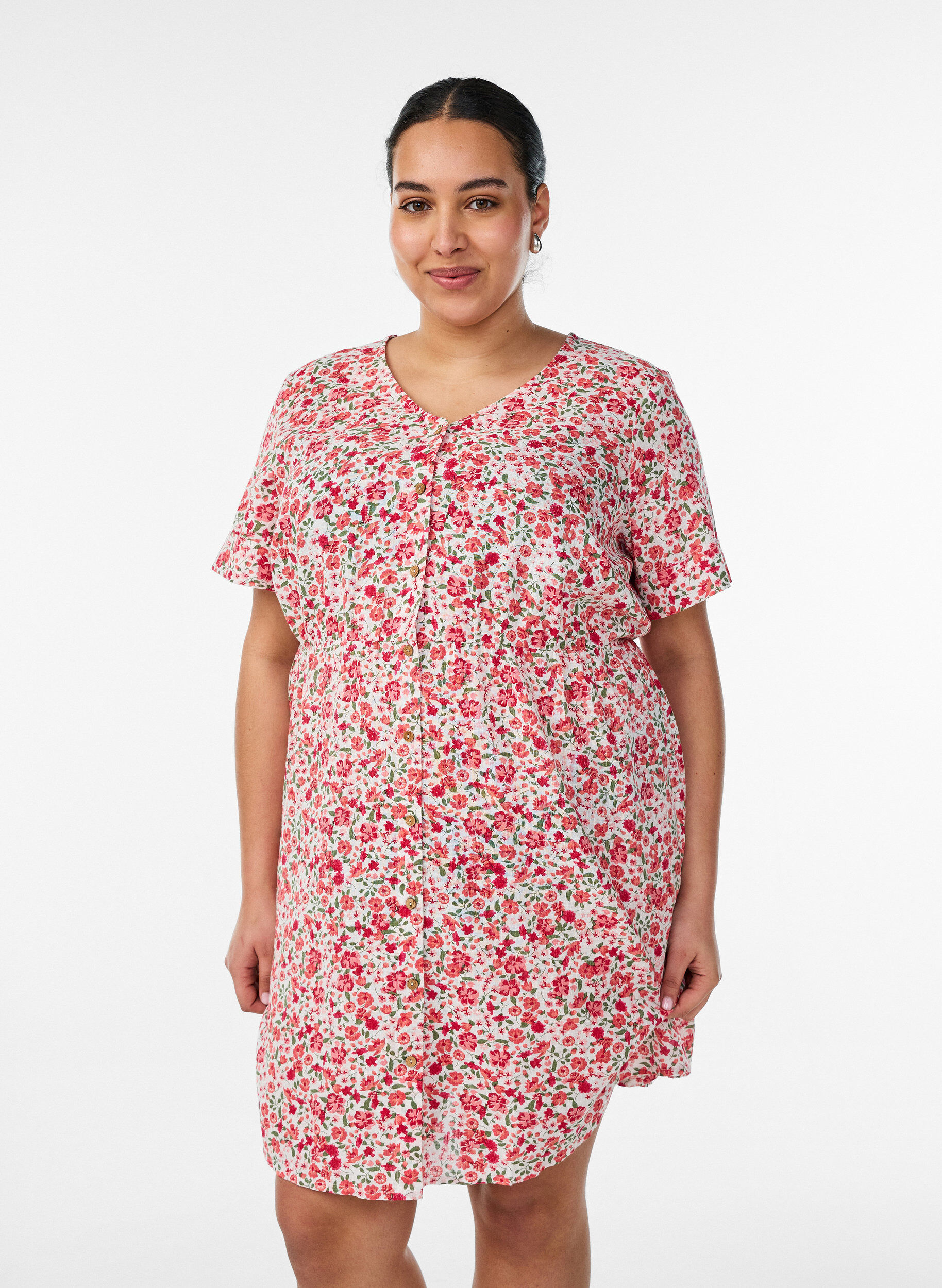 ZizzifashionShort cotton dress with floral print, Red, Model image number 0