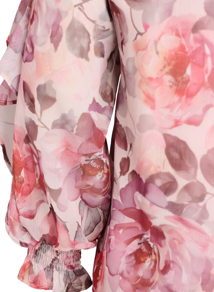 Floral blouse with a V-neck and ruffle sleeves, Rose, Packshot