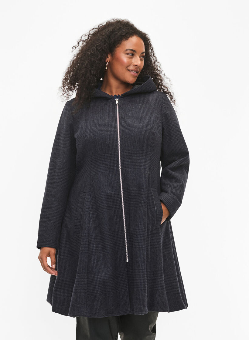 Checkered coat with wool, Dark Grey Melange, Model image number 0