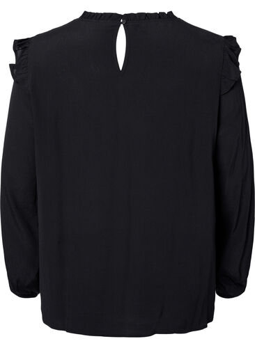 Viscose blouse with frills and lace, Black, Packshot image number 1