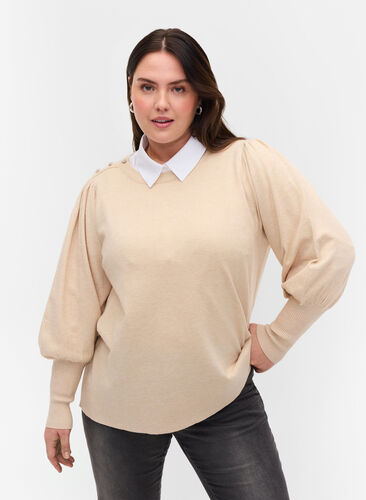 Knitted ribbed sweater with balloon sleeves, Birch Mel, Model image number 0
