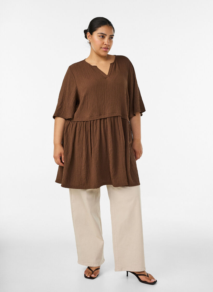 Tunic with crinkled texture and 1/2 sleeves, Brown, Model image number 1