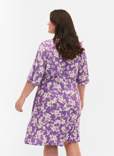 Dress with 1/2 sleeves and floral print in viscose, Purple Flower AOP, Model image number 1