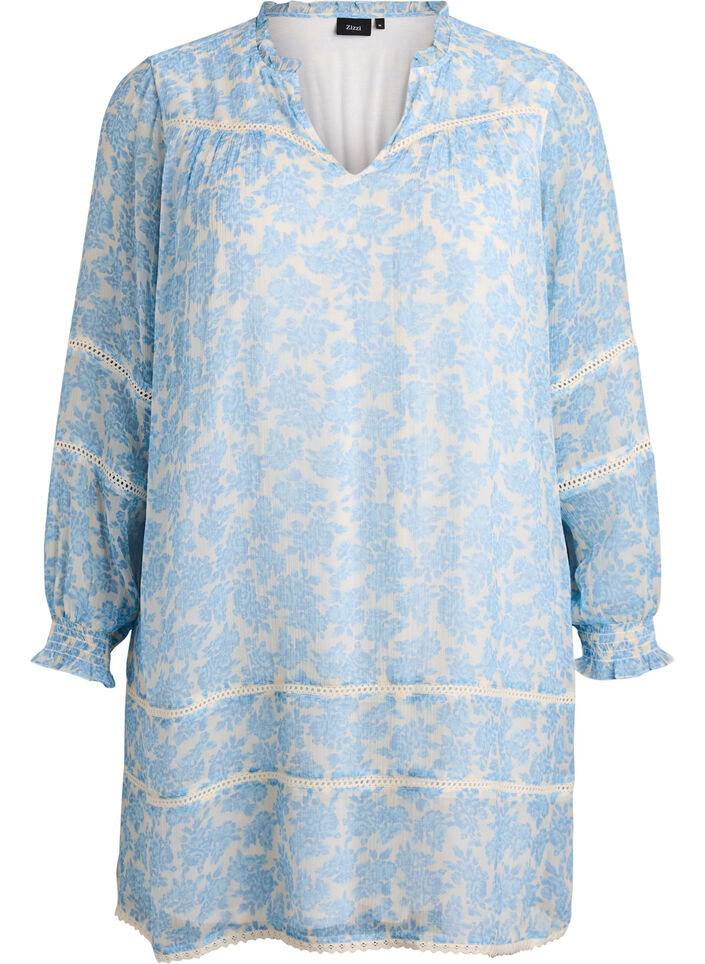 Short chiffon dress with crochet details, Light Blue, Packshot image number 0