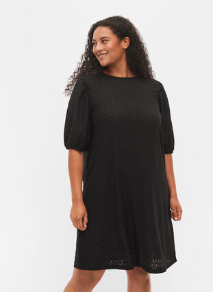 Dress with textured pattern and balloon sleeves, Black, Model image number 0