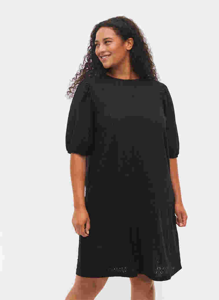 Dress with textured pattern and balloon sleeves, Black, Model