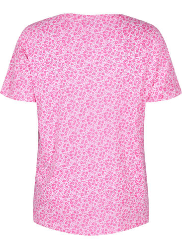 Floral cotton t-shirt with v-neck, Shocking Pink AOP, Packshot image number 1