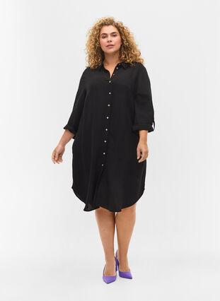 Long solid-coloured viscose shirt with 3/4 sleeves, Black, Model image number 2