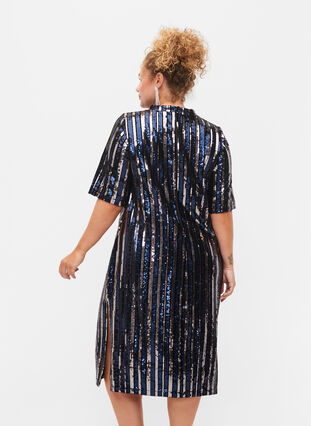 Short sleeved sequin dress with slit, Evening Blue Stripe , Model image number 1