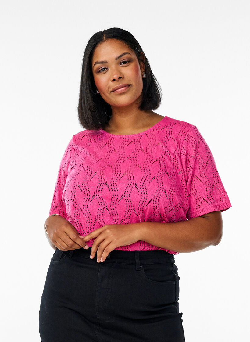 FLASH - Jersey T-shirt with eyelet pattern, Pink, Model image number 0