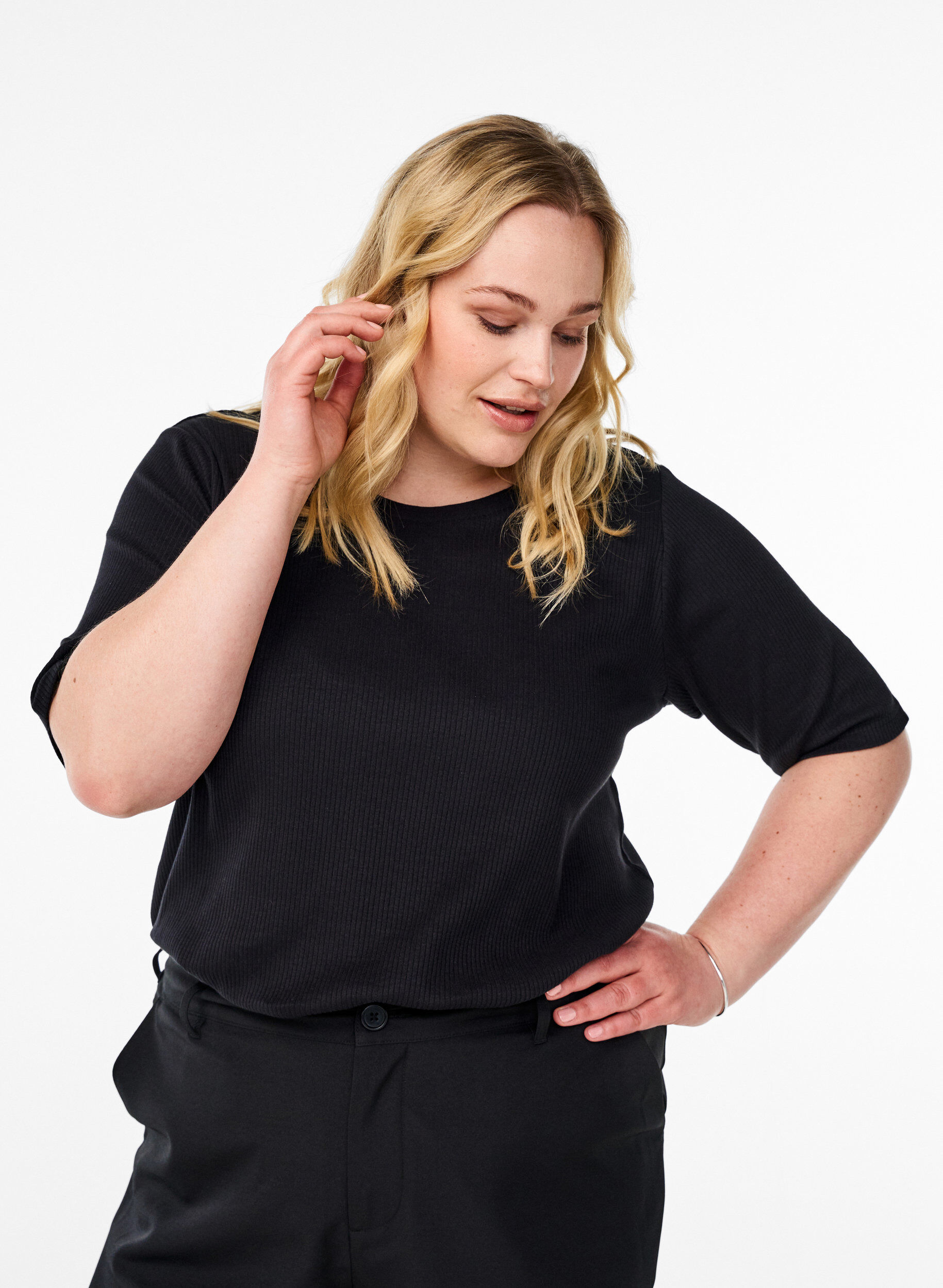 ZizzifashionRibbed jersey blouse with short sleeves, Black, Model image number 0