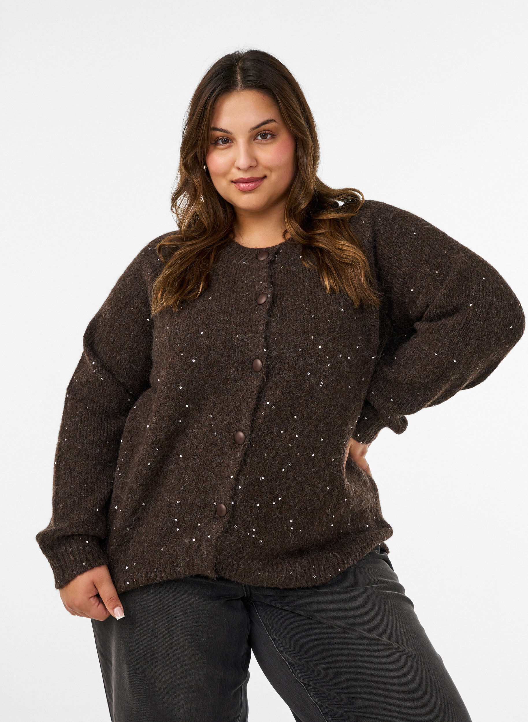 Cardigan with sequins and buttons, Brown, Model