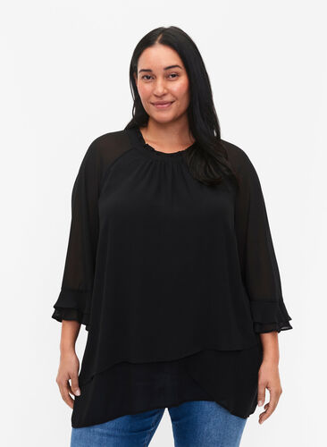 Blouse with asymmetric hem and 3/4 sleeves, Black, Model image number 0