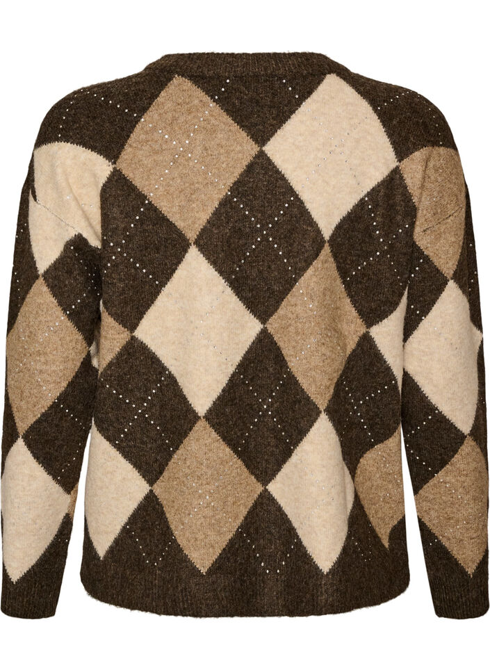 Knitted top with argyle pattern and rhinestones, Brown, Packshot image number 1