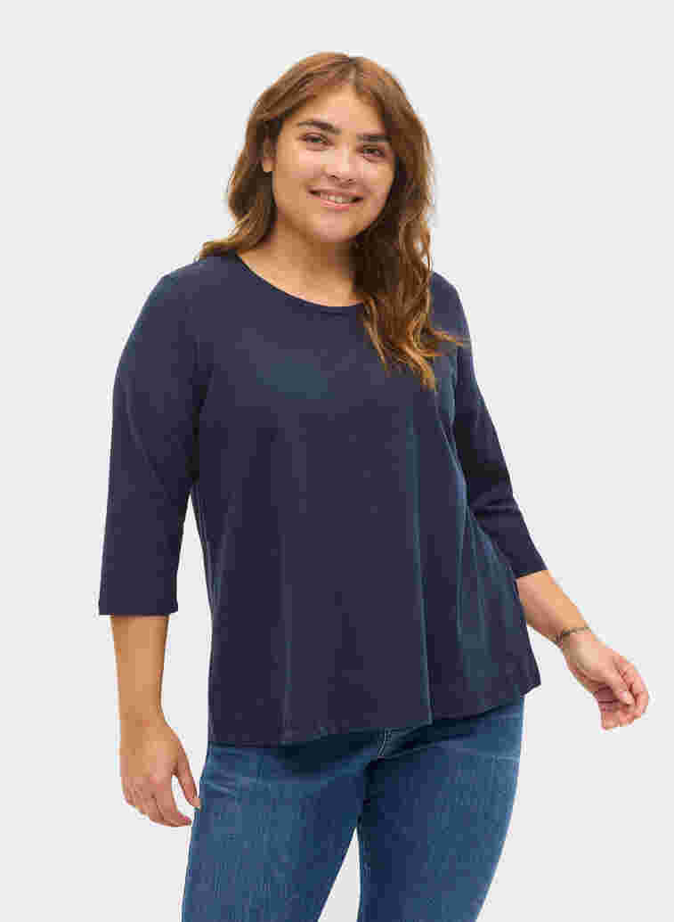 Basic cotton t-shirt with 3/4 sleeves, Navy Blazer, Model image number 0