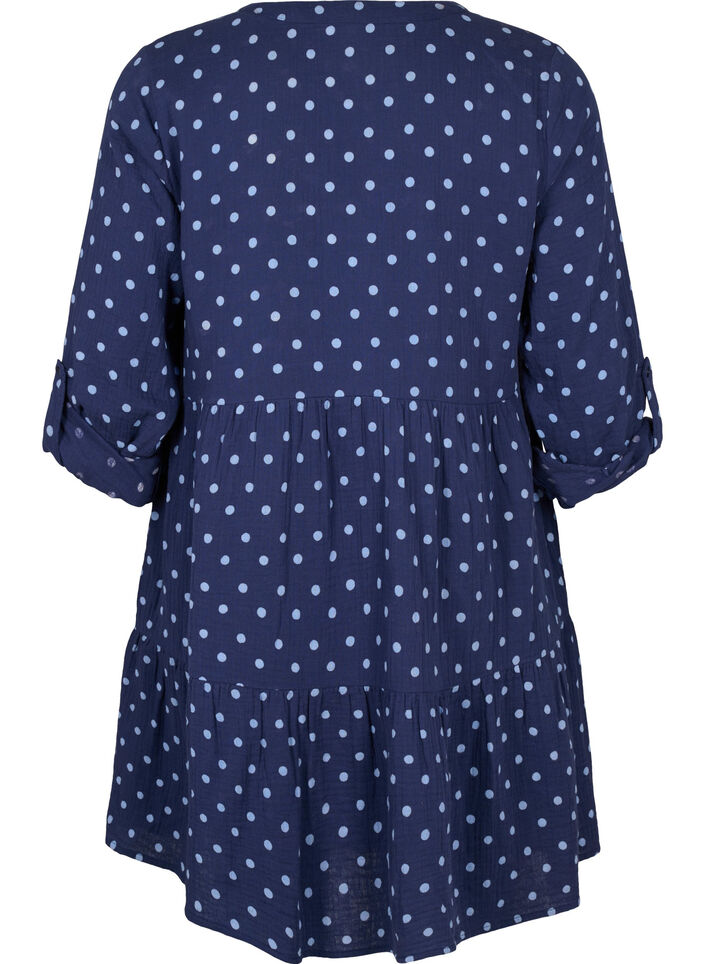 Short cotton muslin dress with polka dots, Blue, Packshot image number 1