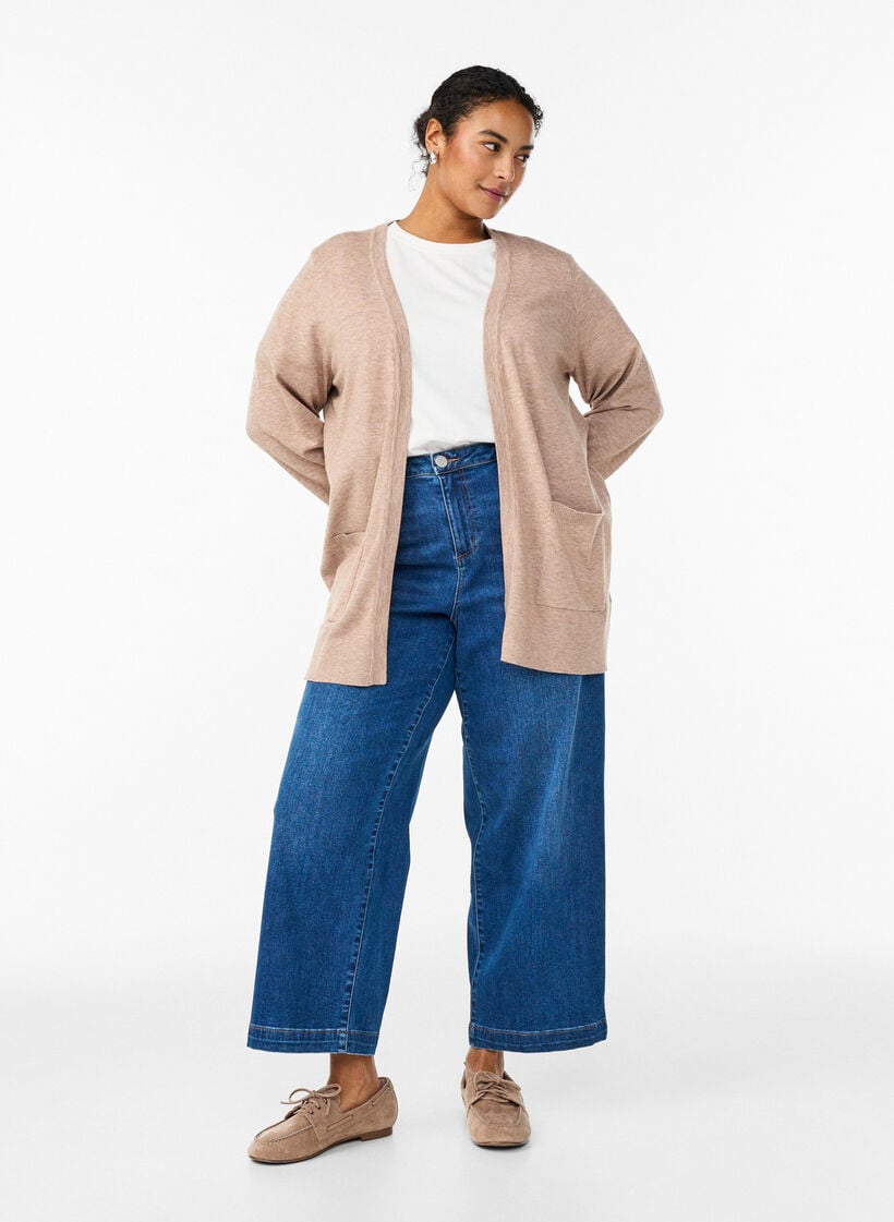 Long open-front knit cardigan with pockets, Beige, Model image number 1