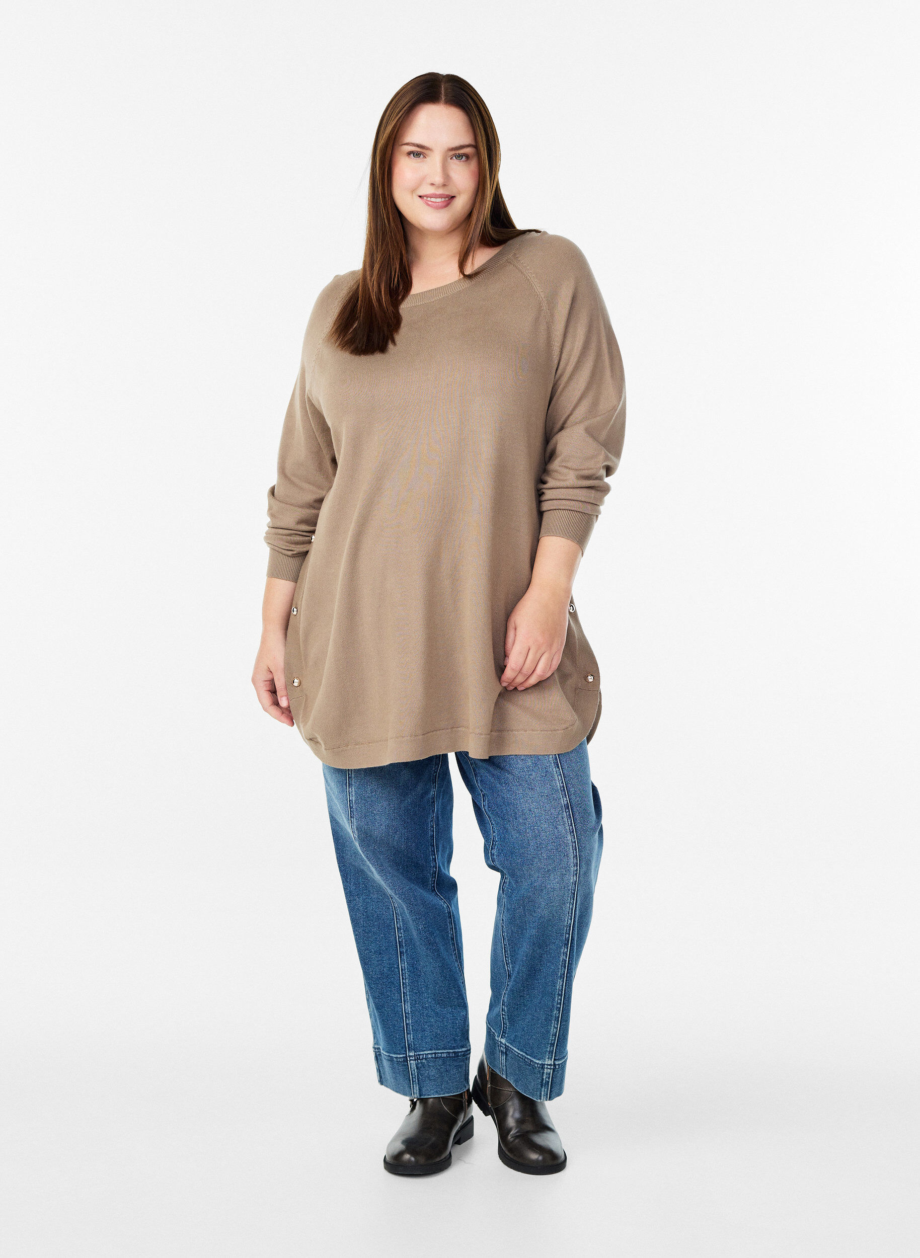 ZizzifashionKnitted blouse with side buttons, Beige, Model image number 1
