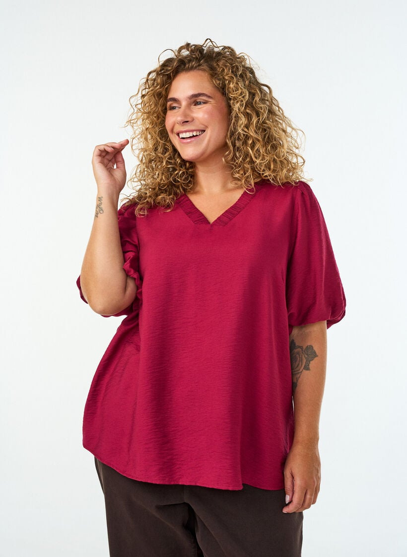 Blouse with balloon sleeves and V-neck, Red, Model image number 0