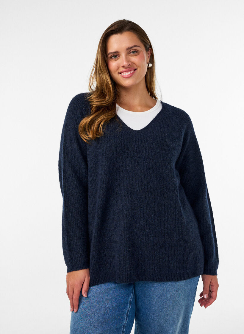 Knitted blouse with V-neck and raglan sleeves, Blue, Model image number 0