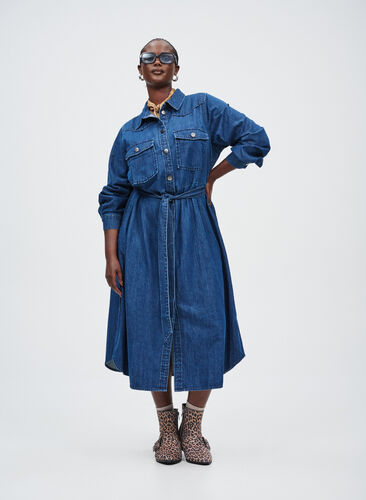 Midi denim dress with tie belt - Blue - Sz. L - Zizzifashion Midi denim dress with tie belt - Blue - Sz. L - Zizzifashion