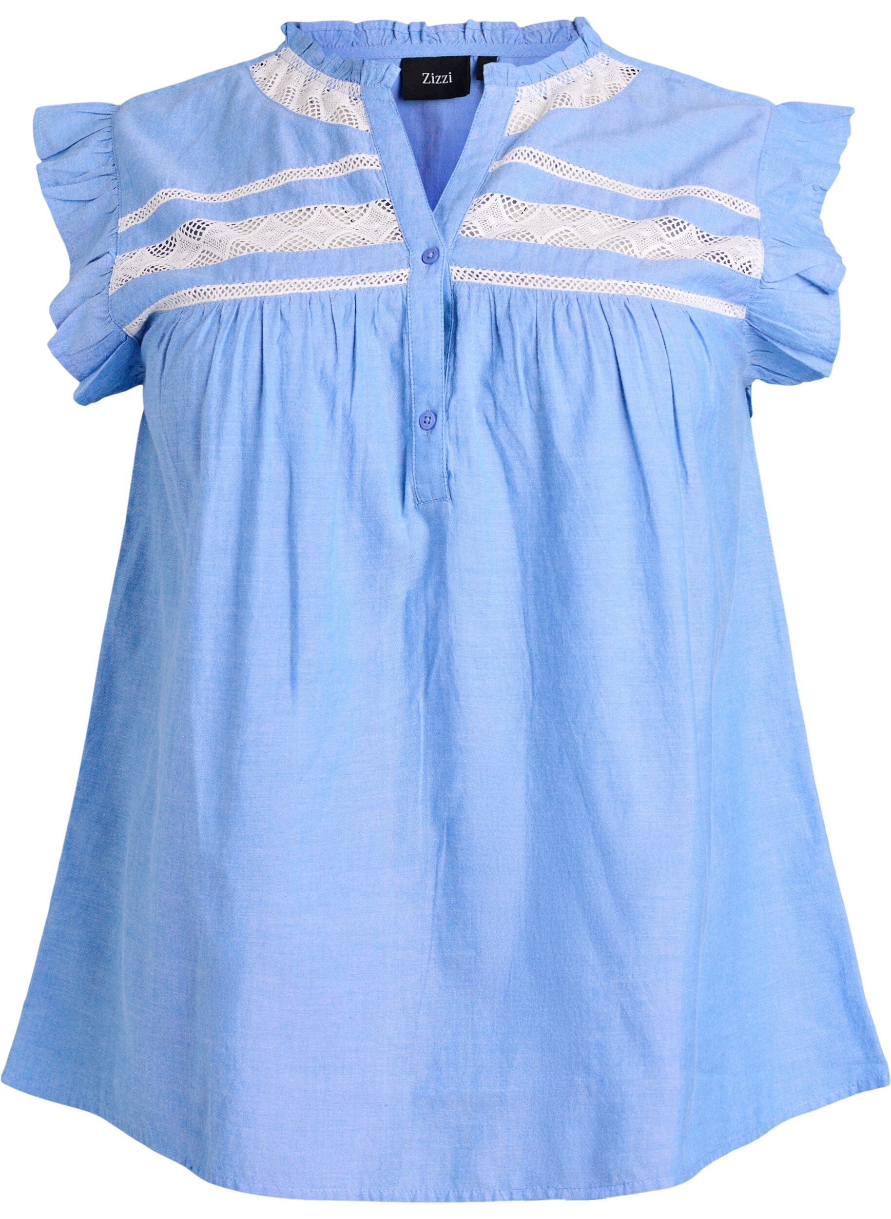 ZizzifashionSleeveless cotton blouse with ruffle edges, Light Blue, Packshot image number 0