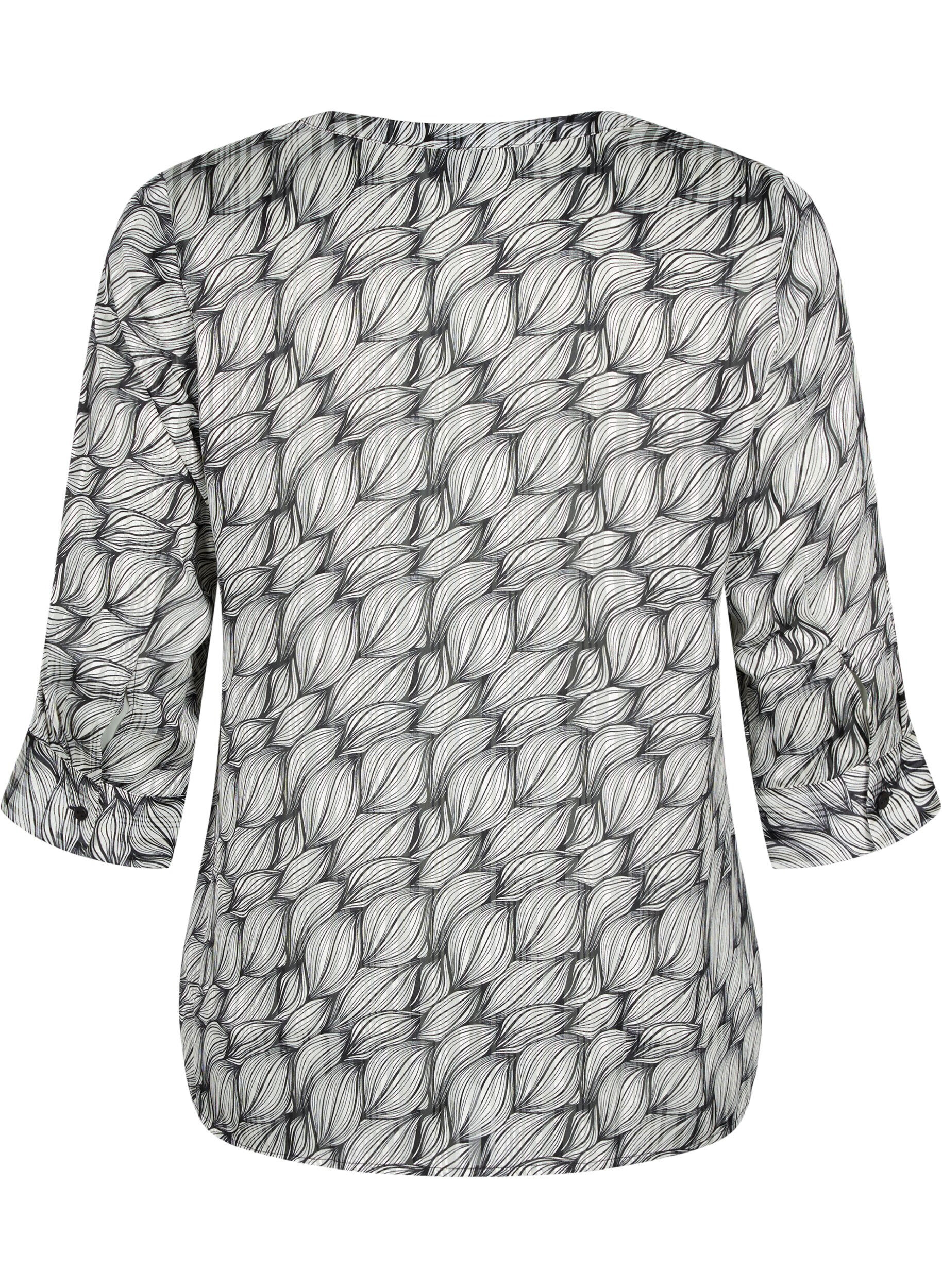 Zizzifashion Printed blouse with 3/4 sleeves, Black White Leaf, Packshot image number 1