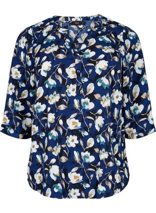 Floral blouse with 3/4 sleeves, P. Blue Flower AOP, Packshot image number 0