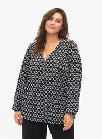 Shirt blouse with v-neck and print, Black Graphic AOP, Model