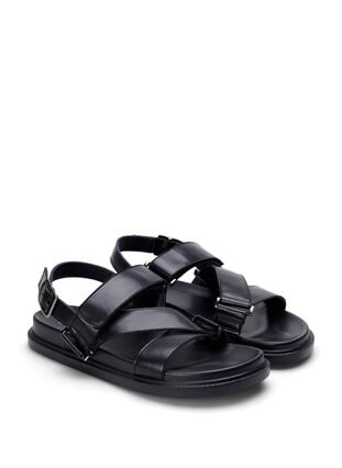Wide fit leather sandal with adjustable straps, Black, Packshot image number 1