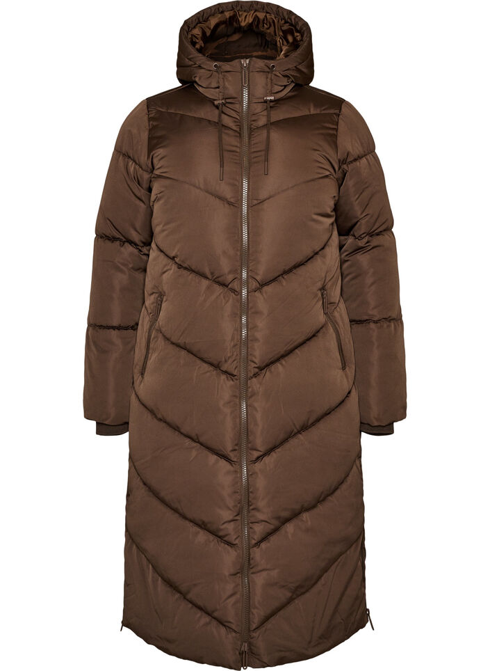 Long puffer coat with hood and pockets, Brown, Packshot image number 0