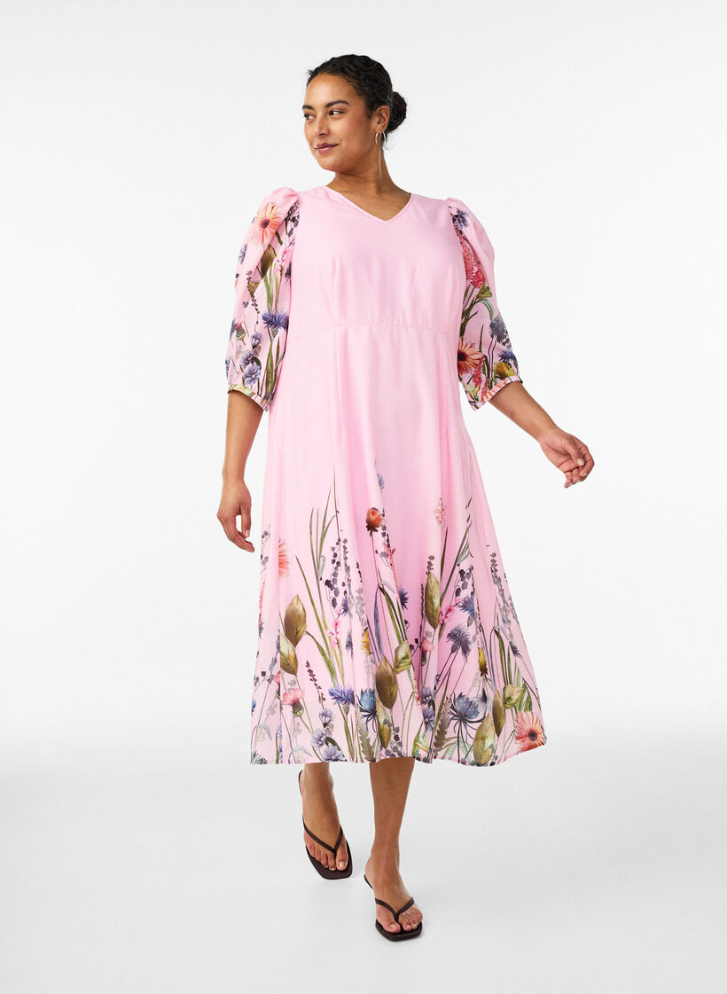 Midi dress with an empire line and floral print, Pink, Model image number 1