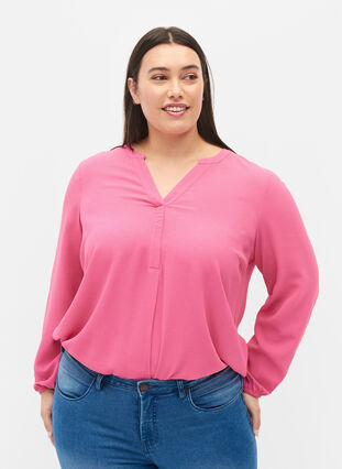 Plain colour top with v-neck, Shocking Pink, Model image number 0