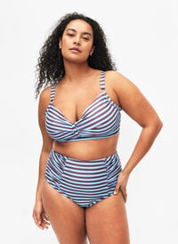 High-waisted bikini bottom with stripes, BlueBrown Stripe AOP, Model