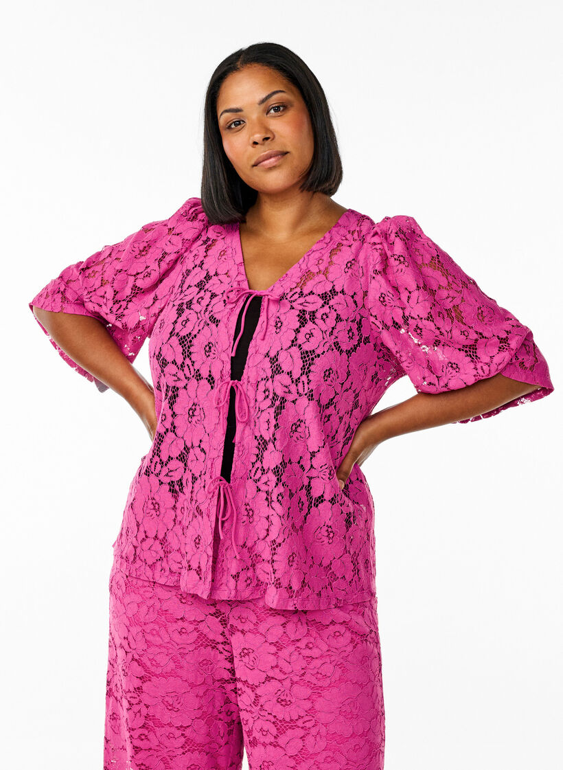 Lace blouse with 3/4 sleeves and bows on the front, Purple, Model image number 0