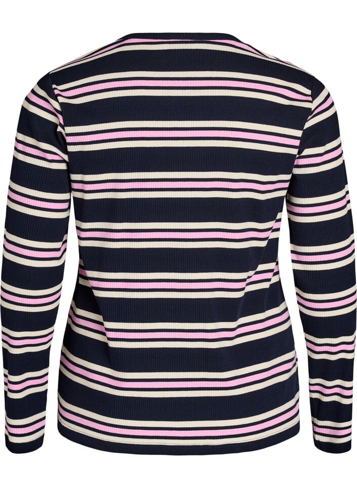 Long-sleeved night top in ribbed jersey with stripes, Blue, Packshot
