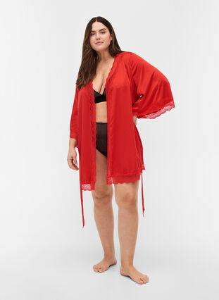 Dressing gown with lace details and 3/4-length sleeves, True Red , Model image number 2