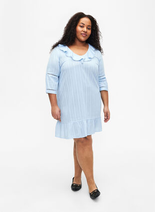 Cotton-viscose mix dress with 3/4 sleeves, Chambray Blue, Model image number 2