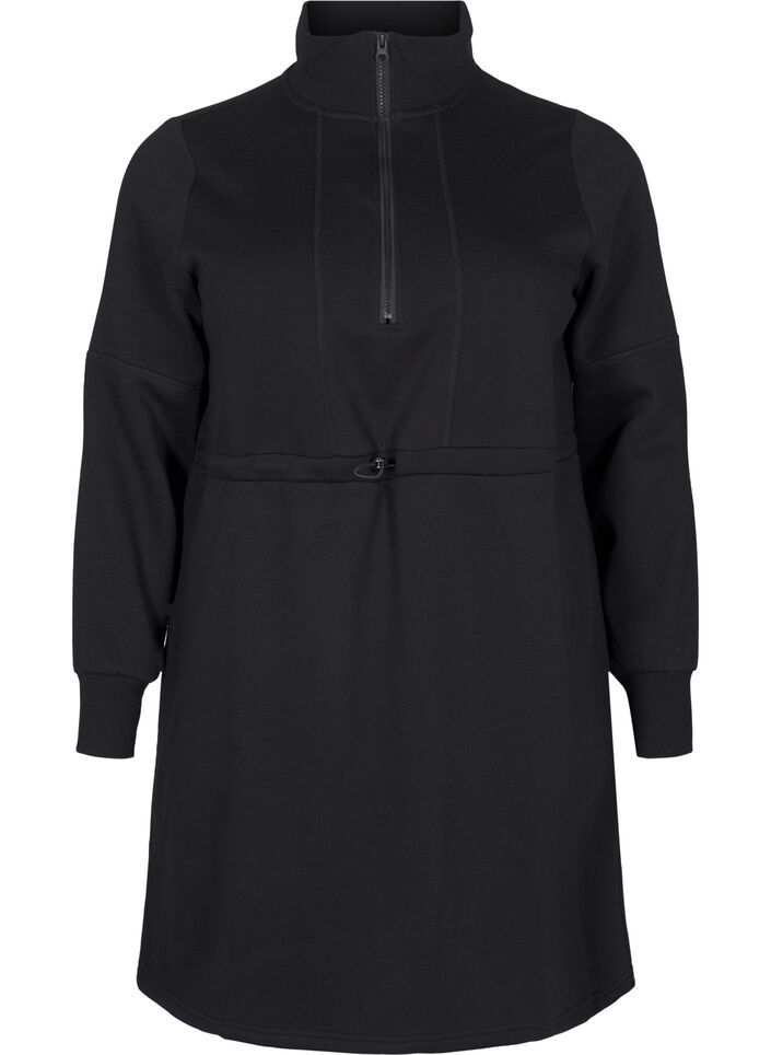 Short sweatshirt dress with a high neck and adjustable waist, Black, Packshot image number 0
