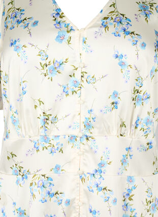 Floral satin dress with puff sleeves, Off White Blue Fl., Packshot image number 2